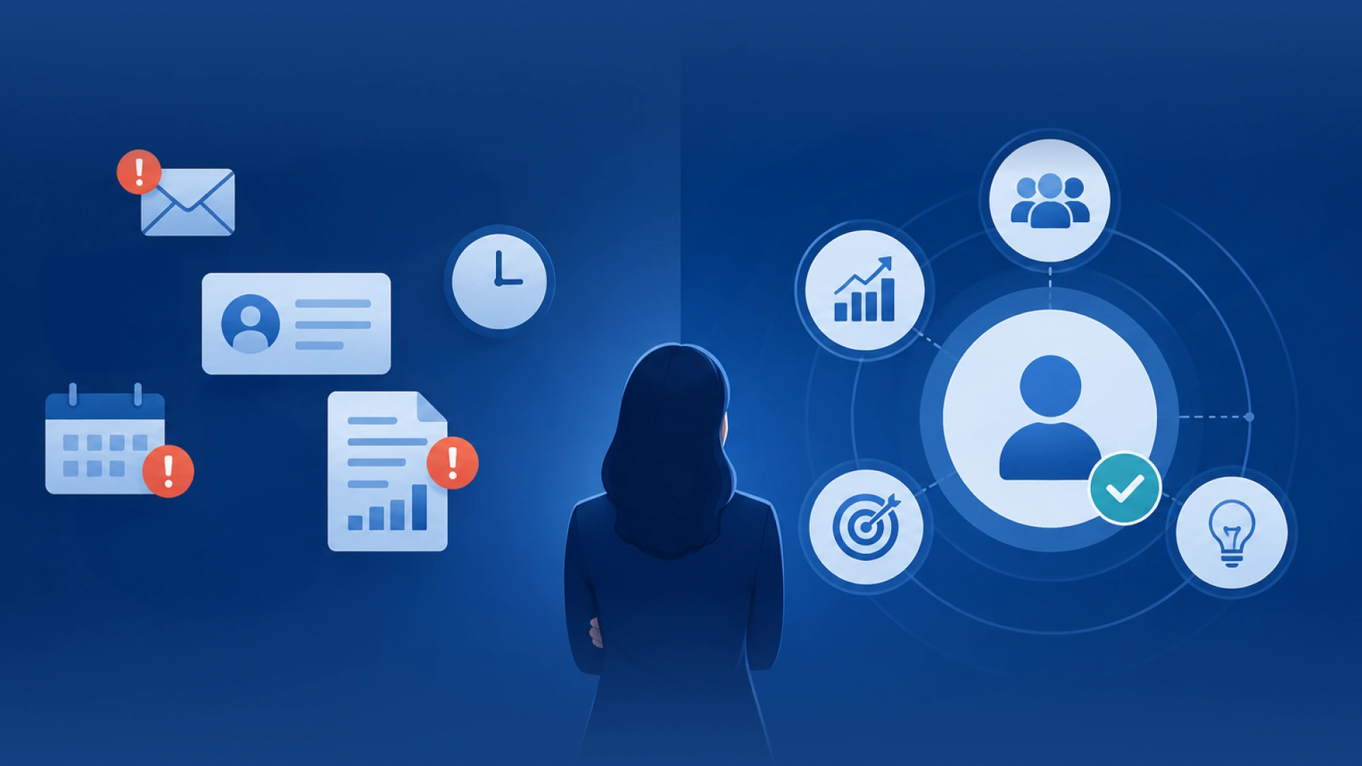 Split illustration of an HR leader—reactive side with alerts and clutter, proactive side with connected workforce insights—symbolizing the shift from reactive to proactive HR.