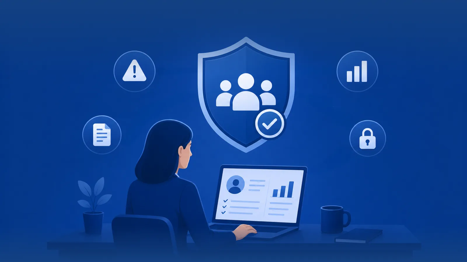 Illustration of an HR leader reviewing a workforce dashboard with shield, compliance, analytics, and security icons - symbolizing HR risk management powered by data.